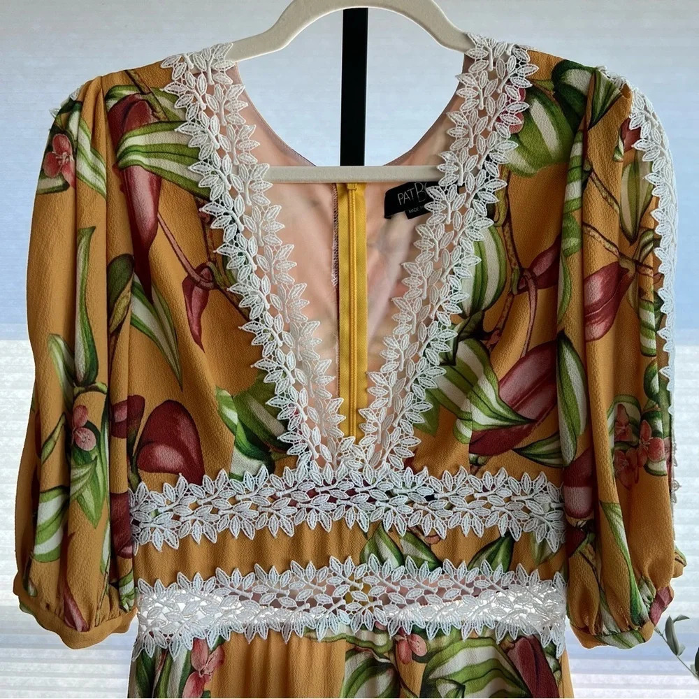 PatBO Brazil Tangerine Floral Crochet Mini Dress 6 Tropical Resort Summer Boho - Picture 3 of 10